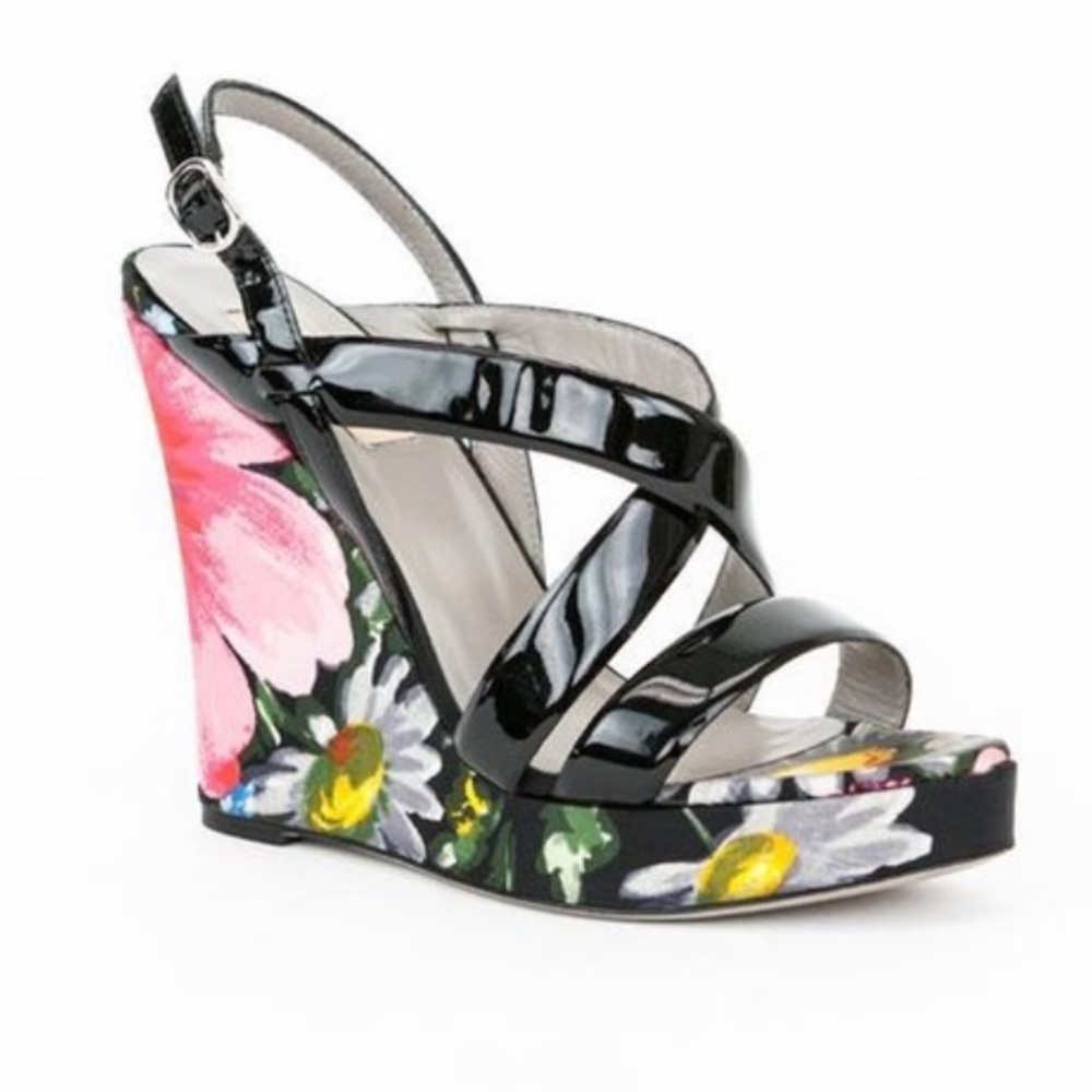 Valentino Black Patent & Floral Print Wedge Slingback Sandals Sz. 39.5/ 9. EUC